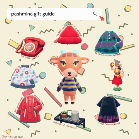 -ˏˋ⋆ c a r o l i n e ⋆ˊˎ- on Instagram: “-ˏˋ pashmina gift guide ˊˎ-⠀ ⠀⠀ ⠀⠀ ⠀⠀⠀⠀ okay, pashmina is a style icon & you can't convince me otherwise. her red-forward, colorful, and…” Pashmina Gift Guide Acnh, Pashmina Acnh House, Pashmina Animal Crossing, Acnh Villager Lookbook, Acnh Pashmina, Villager Clothes, Ac Villager, Acnh House, Ac Codes