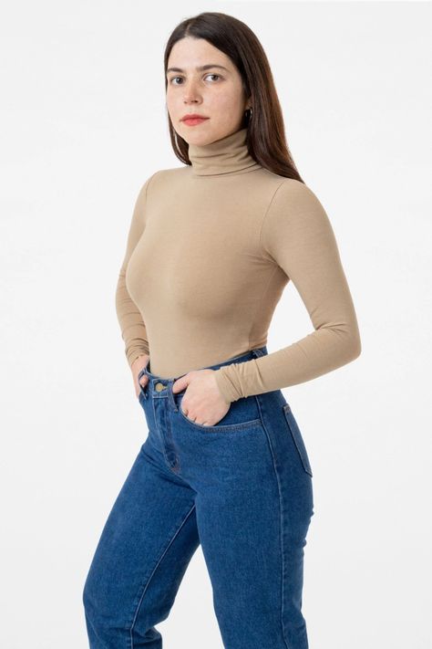 8306 - Cotton Spandex Turtleneck – Los Angeles Apparel Lace Knitwear, Burgundy Dahlia, Black Opaque Tights, Denim Short Jumpsuit, Turtleneck Outfit, Turtleneck Style, South Central, Fitted Turtleneck, Leather Denim