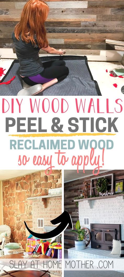 Reclaimed Decor, Wood Wall Covering, Stick On Wood Wall, Faux Wood Wall, Reclaimed Wood Accent Wall, Decor Around Tv, Diy Wood Wall, Wood Wall Design, Peel And Stick Wood