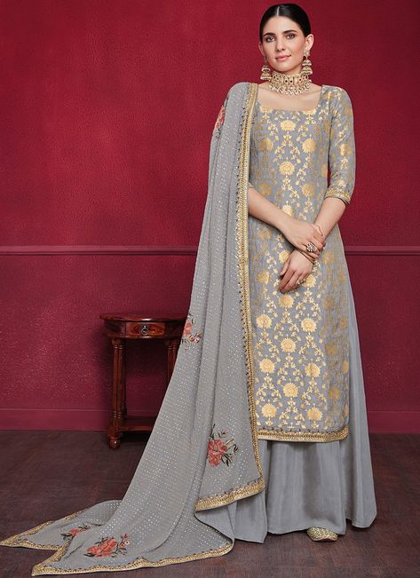 Light Grey Dola Jacquard Sharara Suit Banarasi Suit Designs, Sharara Style, Indian Suits For Women, Orang India, Embroidery Suits Punjabi, Banarasi Suit, Embroidery Suit, Punjabi Outfits, Indian Designer Suits