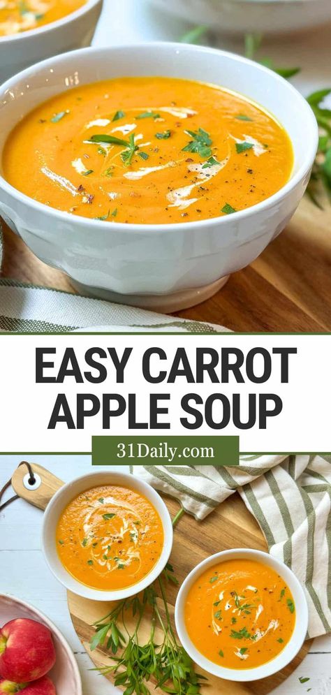 This Carrot Apple Soup recipe is a favorite cool-weather healthy carrot soup that's creamy, satisfying, and cozy enough to warm your toes on cold days. Carrot Chicken Soup, Carrot Apple Soup Recipes, Carrot Apple Ginger Soup, Carrot And Apple Soup, Carrot Soup Recipes Easy, Carrot Soup Crockpot, Carrot Soup Instant Pot, Apple Carrot Soup, Carrot Soup Recipes Healthy