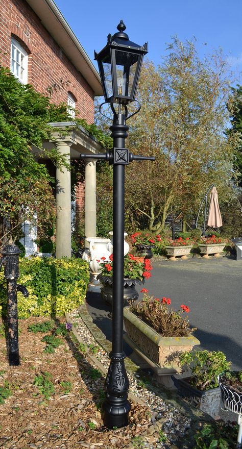 A cast iron Victorian garden lamp post set. Manufactured by English Lamp Posts. Outside Lamps, Outdoor Lamp Post Lights, Garden Lamp Post, Front Yard Decor, Outdoor Lamp Posts, Lamp Posts, Victorian Lamps, Lamp Post Lights, Victorian Garden