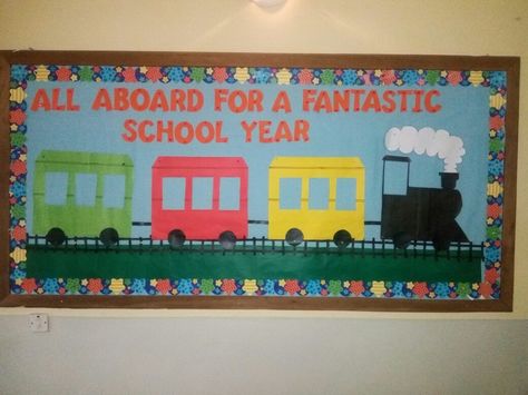 Back to school bulletin board Back To School Birthday Bulletin Boards, Train Bulletin Boards, Preschool Room Decor, Classroom Painting, Preschool Classroom Themes, Art Bulletin Boards, Child Guidance, Preschool Room, Bulletin Boards Classroom Decor