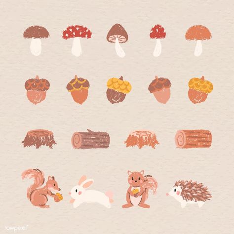 Autumn design elements vector set | premium image by rawpixel.com / manotang #vector #vectoart #digitalpainting #digitalartist #garphicdesign #sketch #digitaldrawing #doodle #illustrator #digitalillustration #modernart #autumn #squirrel #nuts Nuts Illustration, Acorn Illustration, Mushroom Doodle, Autumn Doodles, Squirrel Illustration, Cute Forest, Scrapbook Flowers, Autumn Design, Cute Mushroom