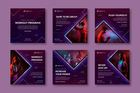 Sport and tech instagram posts | Free Vector #Freepik #freevector #technology #sports #health #tech Instagram Technology Post, Hackathon Poster, Tech Graphic Design, Webinar Ideas, Technology Template, Free Social Media Templates, Technology Posts, Instagram Template Design, Social Media Poster