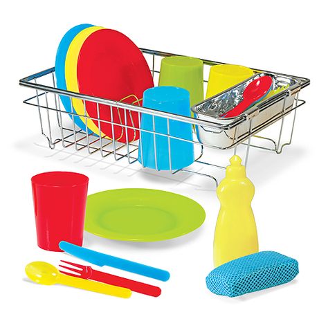 Let's Play House! Wash & Dry Dish Set: Add this set to a play kitchen or use as a stand-alone play set--either way, this appealing play set mimics the real-life objects and activities kids see around them, helping build social skills, encourage communication, and even get practice doing big-kid chores. BPA-free and dishwasher safe, the colorful pieces (in red, green, blue, and yellow) are perfect for real snack time, too! House Wash, Pretend Play Kitchen, Play Kitchen Sets, Melissa And Doug, Pretend Play Toys, Melissa & Doug, Chores For Kids, Play Food, Plastic Plates