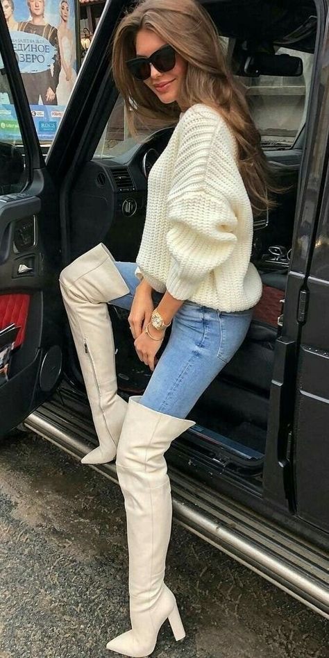 (41) Tumblr White Boots Outfit, Boots And Jeans, Outfit Botas, High Heeled Boots, Ținută Casual, White Boots, Looks Chic, Heel Boots, Winter Fashion Outfits