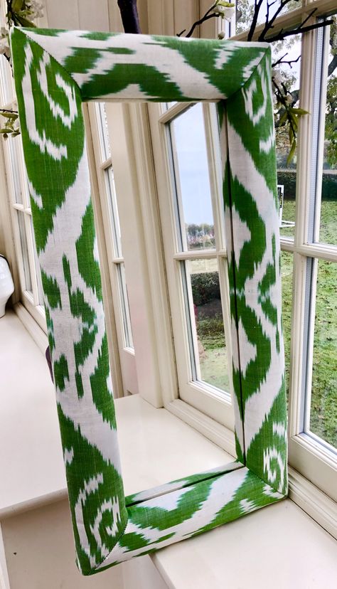 Upholstered Mirror, Fabric Covered Furniture, Covered Furniture, Upcycle Frames, Green Ikat, Upholstered Walls, Mirror Makeover, Interior Design Boards, Wall Paint Designs