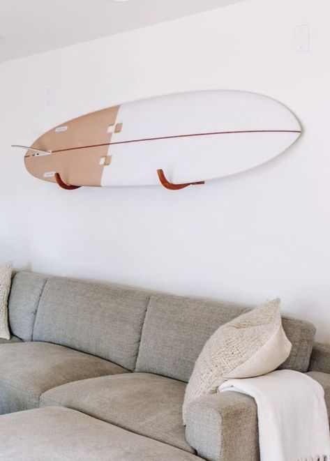 Surfboard On Wall, Coastal Industrial Decor, Surf Home Decor, Surf Home, Surfboard Storage, Coastal Industrial, Surf Room, Beach House Bedroom, Surf Decor