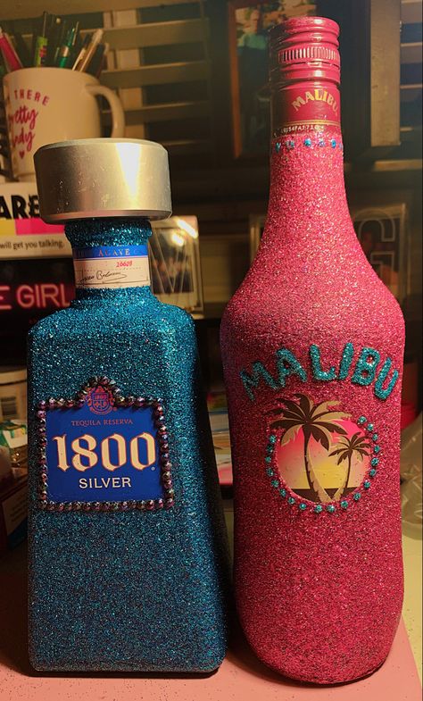 Painting Alcohol Bottles, Malibu Bottle Decorated, Glitter Bottles, Glitter Bottles Alcohol, Bling Liquor Bottle, Glitter Alcohol Bottle, Bedazzled Malibu Bottle, Glitter Bottle Diy Alcohol 21, Decorated Alcohol Bottles