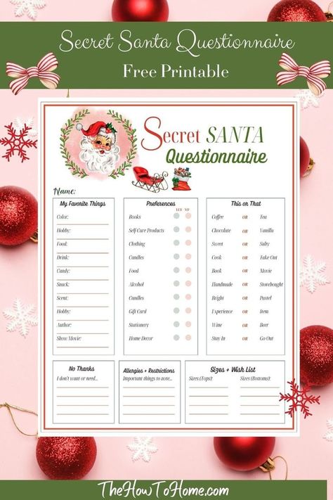 Add a dash of mystery to your holiday gift exchange with this Free Secret Santa Questionnaire! Perfect for office parties and festive gatherings. Plus, discover more holiday printables like the 2023 Hallmark Christmas Movies List and Classic Christmas Movie Checklist. Download now and make this holiday season unforgettable! Secret Santa Questionnaire Free Printable, Free Secret Santa Questionnaire, Free Secret Santa, Secret Santa Questionnaire Printable, Printable Secret Santa Questionnaire, Secret Santa Questions, Secret Santa Templates, Secret Santa List, Santa Questionnaire