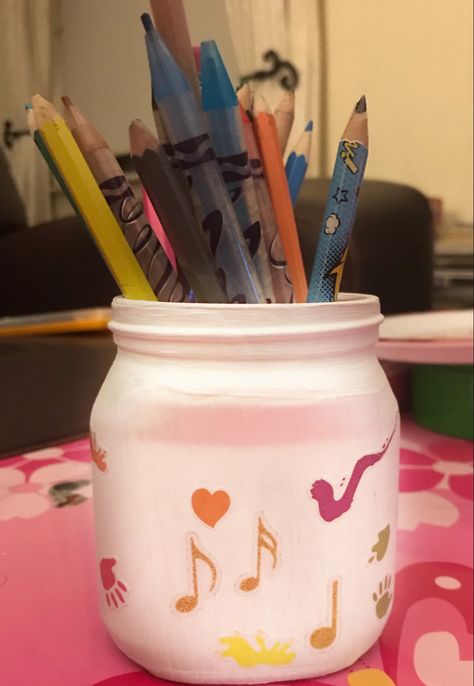 Pencil holder / desk tidy from Nutella jar Nutella Jar, Desk Tidy, Pencil Holder, Nutella, Craft Ideas, Recycling, Pencil, Desk, Tableware