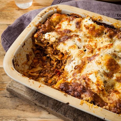 Oven dish showing the Easy Biker Lasagne recipe with a portion already taken out - delicious! Beef Cannelloni, Hairy Bikers Recipes, Cannelloni Recipes, Sushi Rice, Bbc Good Food Recipes, Soft Cheese, Food Magazine, Main Meals, Pasta Dishes