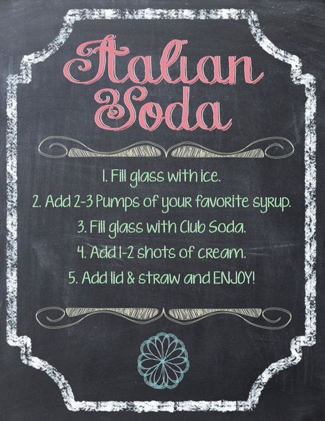 Italian Soda Recipe Printable, Soda Bar Sign, Italian Soda Recipe, Volunteer App, Pizza Valentine, Italian Soda Bar, Italian Sodas, Italian Cream Soda, Recipe Printable