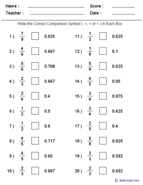 Comparing Fractions & Decimals Worksheets Fractions To Decimals Worksheet, Math Fractions Worksheets, Fractions Decimals Percents, Ordering Fractions, Fractions And Decimals, Comparing Decimals, Decimals Worksheets, Comparing Fractions, Fractions Decimals