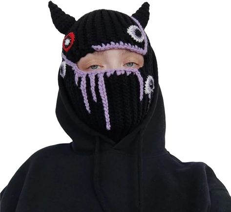 Knit Y2k Hat Cat Beanie with Devil Horn and Long Bunny Ear Crochet Shiesty Ski Mask Balaclava Grunge Accessories (Horn-Black+Purple) at Amazon Women’s Clothing store Ghost Hat, Y2k Hat, Grunge Accessories, Crochet Mask, Halloween Costume Mask, Knitted Beanies, Knitted Balaclava, Cat Beanie, Scary Costumes