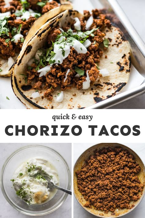 A close up of an assembled chorizo taco. Mexican Chorizo Rice, Chirozo Tacos, Pork Chorizo Tacos, Recipes With Mexican Chorizo, Chorizo Tacos Recipes Dinner, Chorizo Tacos Recipes, Chorizo Recipes Dinner Easy, Beef Chorizo Recipes, Chorizo Recipes Dinner