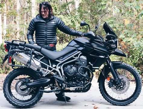 Norman Reedus with his customized Triumph motorcycle Triumph Tiger 800 Xc, Negan Lucille, Trail Motorcycle, Adventure Bike Motorcycles, Tiger 800, Triumph Tiger 800, Dual Sport Motorcycle, Enduro Motorcycle, Triumph Tiger