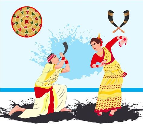 Vector assamese bihu dance | Premium Vector #Freepik #vector Bihu Dance Illustration, Assamese Bihu, Bihu Dance, Dance Illustration, North East India, Dance Vector, Music Project, Dancers Art, North East