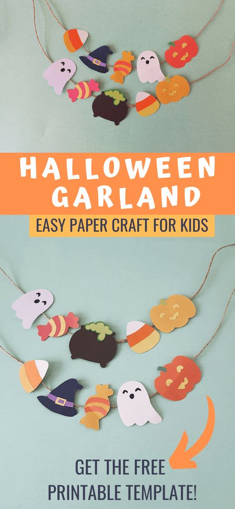 DIY Halloween Paper Garland Craft. homemade Halloween decor kids can make themselves. This paper Halloween garland is a great way to decorate for a Halloween party! Autumn Diy Crafts For Kids, Halloween Crafts Garland, Halloween Decorations Diy Classroom, Diy Halloween Garland For Kids, Halloween Decorations For Kindergarten, Halloween Decor Kindergarten, Diy Classroom Garland, Crafts For Halloween Decoration, Diy Construction Paper Halloween Decor