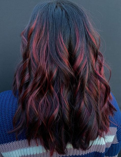 50 New Red Hair Ideas & Red Color Trends for 2020 - Hair Adviser Long Brown Hair Red Highlights, Dark Hair With Red Highlights, Red Highlights On Black Hair, Pinkish Brown Hair, Pinkish Red Hair, Hair Ideas Red, Black Hair With Red Highlights, Red Highlights In Brown Hair, Red Hair Ideas