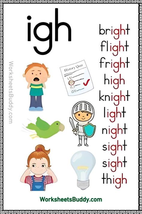 IGH Word Family Worksheets For Kindergarten Kids Phonics, Family Words, Family Worksheets, Phonics Posters, Word Family Worksheets, Learning Phonics, Kindergarten Reading Activities, Grammar For Kids, Kindergarten Reading Worksheets