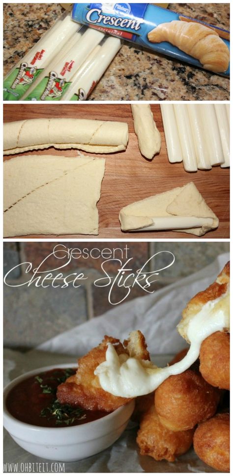 No hassle and ready to devour the ooey gooey in minutes! Crescent Roll Recipes, Mozzarella Sticks, Cheese Sticks, Crescent Rolls, Snack Time, Food Items, Om Nom, Appetizer Snacks, I Love Food