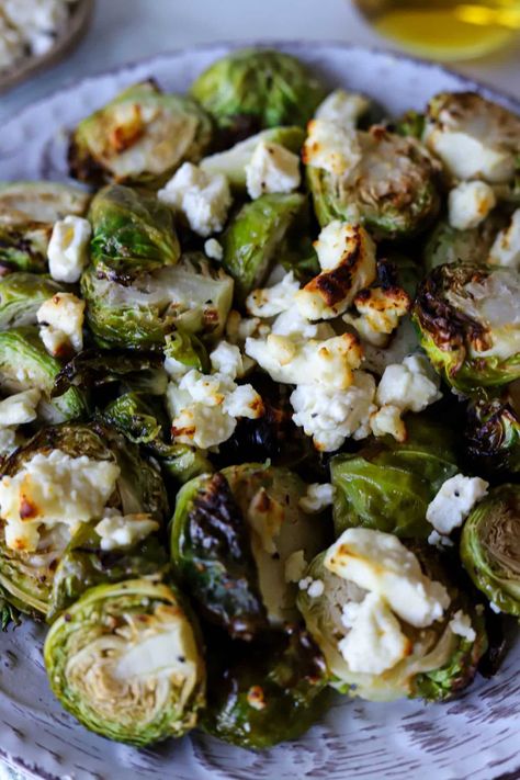 Crispy Feta Brussels Sprouts with Balsamic Feta Balsamic Brussel Sprouts, Brussel Sprout Recipes With Feta Cheese, Brussels Sprouts With Feta, Brussel Sprouts With Feta Cheese, Feta Brussel Sprouts, Balanced Nutritionist, Brussel Sprout Pasta, Crispy Feta, Honey Brussel Sprouts