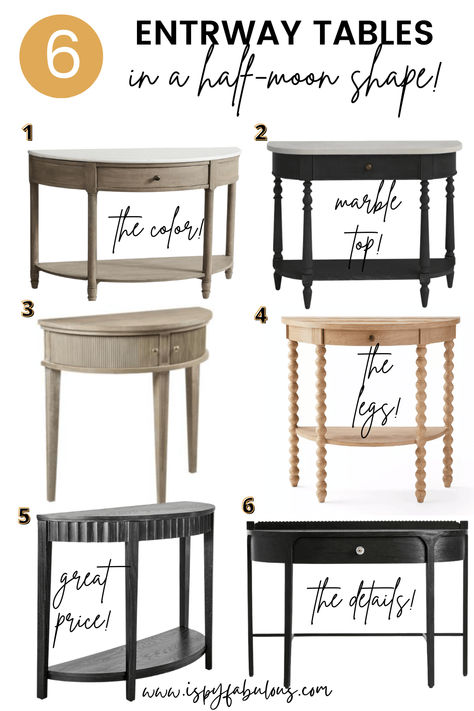 Looking for an entryway table or console table for styling or storage? I found 18 gorgeous console tables from half-moon size to large styles with storage. Click the link to head to the blog to see all the pictures and links. Half Moon Console Table Decor, Diy Half Moon Table, Half Moon Console Table Entryway, Half Round Console Table, Half Moon Entry Table, Semicircle Table, Foyer Console Table, Chic Entryway, Farmhouse Entryway Table