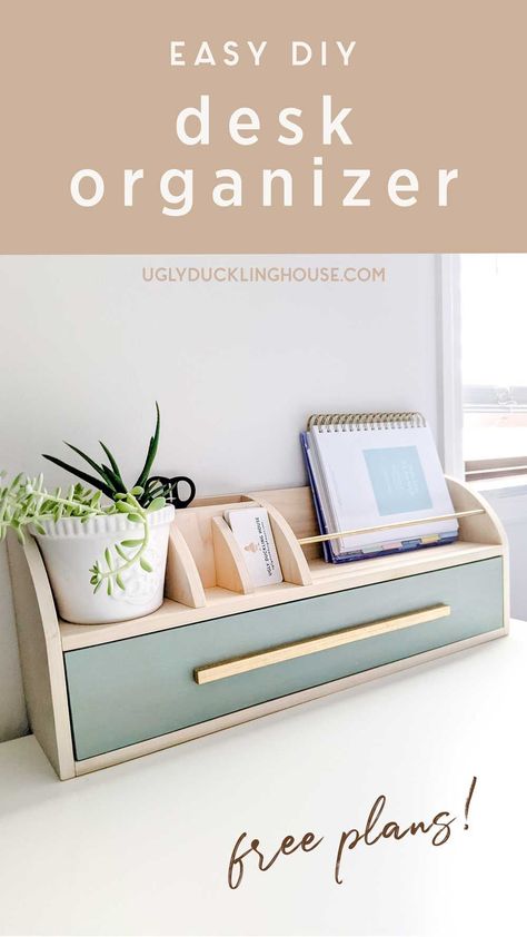 Love the curves on this easy DIY desk organizer! Drawer, space for a plant, large paper organization, small sections for pens and business cards. Even a tape measure! Free plans available to build it yourself! Features @minwax color of the year in vintage blue solid color stain. |ad| #woodworking #diy #woodworkingplans #freeplans #stain #vintage #officeorganization #homeoffice #officedecor #deskorganization #organization Easy Diy Desk, Diy Desk Organizer, Solid Stain Colors, Diy Storage Shelves, Desk Organization Diy, Diy Office, Ugly Duckling, Diy Spring, Free Plans