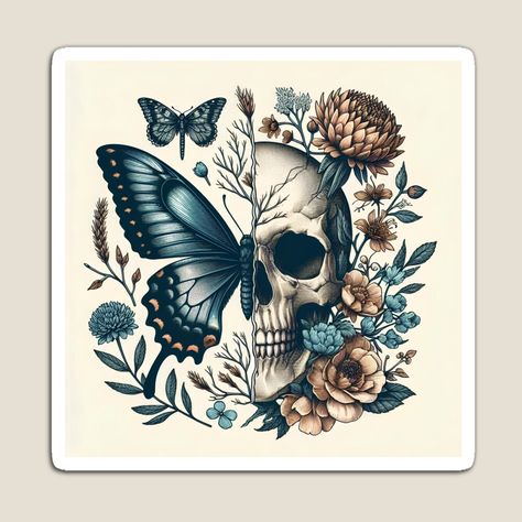 Get my art printed on awesome products. Support me at Redbubble #RBandME: https://www.redbubble.com/i/magnet/skull-intertwined-with-blooming-flowers-and-a-butterfly-by-IsaMarina/164281109.TBCTK?asc=u Butterfly Magnet, Butterfly Art Print, Butterfly Art, Blooming Flowers, A Butterfly, My Art, Awesome Products, Magnets, Art Print