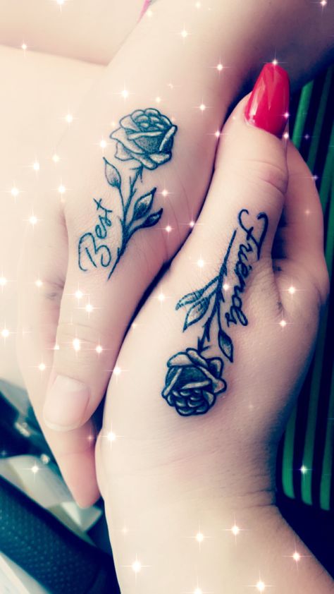 Vegas Tattoo Ideas Best Friends, Tattoo Ideas For 2 Sisters, Matting Tattoos, Best Friend Rose Tattoos, Best Friend Hand Tattoos Matching, Disney Bff Tattoos, Mom Of 6 Tattoo Ideas, Matching Tattoos For Sister In Laws, Matching Hand Tattoos Best Friends