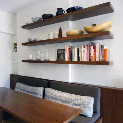 Banquette With Shelving Above, Banquette Seating With Shelves Above, Banquette With Shelves Above, Banquette Seating With Shelves, Shelves Above Banquette, Shelves Above Dining Table, Banquet Seating With Bookcase, Midcentury Banquette Seating, Guesthouse Ideas