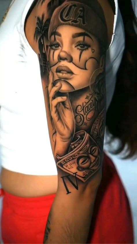 Female Face Tattoo Ideas For Men, Side Burn Tattoos For Women Face, Side Burn Tattoos For Women, Girlfriend Tattoos, Girl Shoulder Tattoos, Face Tattoos For Women, Chicano Tattoos Sleeve, Skull Girl Tattoo, Chicano Style Tattoo