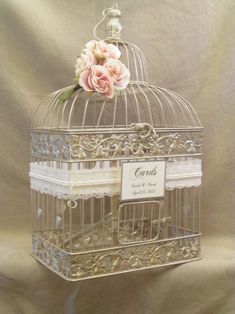 Peacock Birdcage "Card Box": a creative spin on the wedding card box but in the form of a bird cage, cute touch with peacock feathers. Description from pinterest.com. I searched for this on bing.com/images Birdcage With Flowers, Birdcage Card Holders, Gold Card Box, Handmade Wedding Decorations, Wedding Birds, Wedding Birdcage, Card Box Holder, Wedding Card Box, Wedding Card Holder