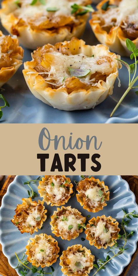 Mini Onion Tarts are bites of french onion tart in phyllo dough - this is the perfect easy appetizer recipe for a party! Mini Onion Tart, Mini Philo Cup Recipes, French Onion Phyllo Cups, Tartlet Appetizer Recipes, French Onion Tarts, Mini Tarts Savory Appetizers, Mini Tart Appetizers, Phillo Puff Pastry Cup Appetizers, Onion Tartlets Appetizers