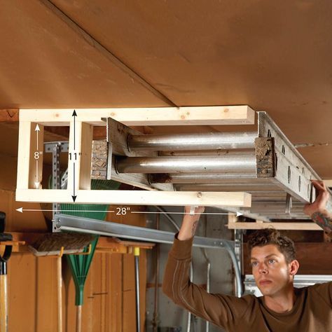 An extension ladder is one of the most difficult things to store. When you need to use it, it has to be easy to get to. But there are long stretches when it just gets in the way of everything else in your garage. Here's a good solution: Mount it on your garage ceiling on sturdy racks made of scrap 2x4s that are screwed into the ceiling joists. Use two 3-1/2-in. screws at each joint to make the rack secure. These racks make it easy to slide the ladder out when you need it. Just make sure to p... Ladder Storage, Garage Atelier, Garage Organize, Garage Shed, Diy Garage Storage, Garage Shelving, Garage Shop, Garage Tools, Family Handyman