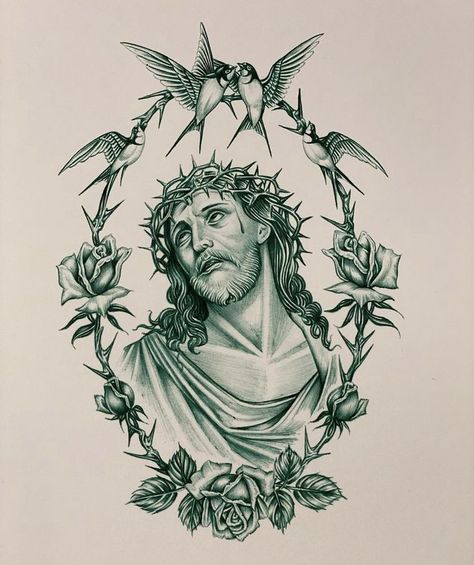 Jesus Illustration, Biblical Tattoos, Chicano Art Tattoos, Chicano Drawings, Jesus Tattoo, Religious Tattoos, Tattoo Style Drawings, Tattoo Design Book, Tattoo Art Drawings