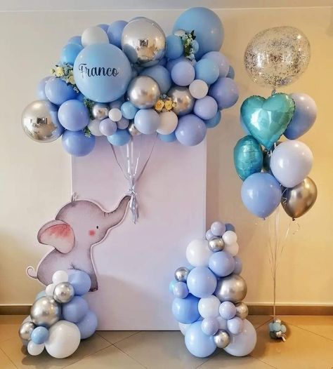 Baby Boy Elephant Shower Ideas, Elephant Birthday Decorations, Elephant Birthday Cakes, Baby Shower Balloon Arch, Peanut Baby Shower, Baby Boy Decorations, Elephant Baby Shower Boy, Baby First Birthday Cake, Baby Birthday Decorations