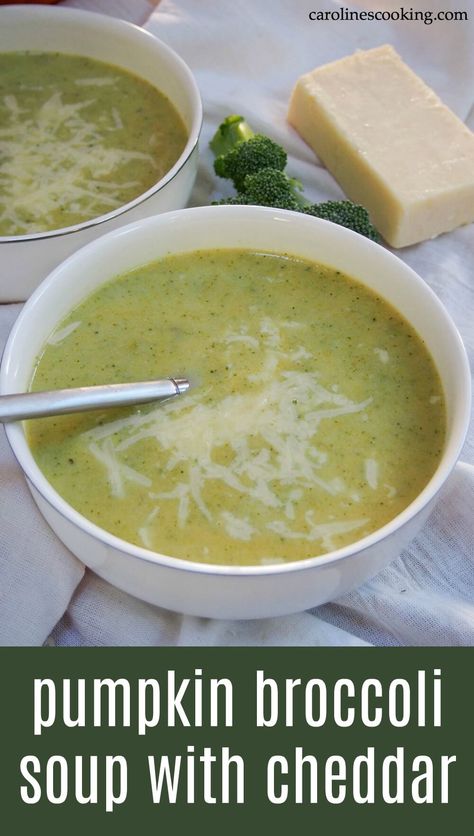 Pumpkin broccoli soup with the addition of a sharp cheddar is a tasty fall combination that is both smooth and fresh, warming but light. It's also a great way to use any pumpkin you scrape from a Jack o lantern! #soup #vegetarian #pumpkin Pumpkin Broccoli Soup, Brocoli Cheddar Soup Recipe, Broccoli Cheddar Soup Pairing, Brocoli Cheddar Soup Recipes Slow Cooker, Creamy Broccoli Soup Clean Food Crush, Pumpkin Drink Recipes, Best Vegan Chili, Vegan Tortilla Soup, Pumpkin Pasta Sauce