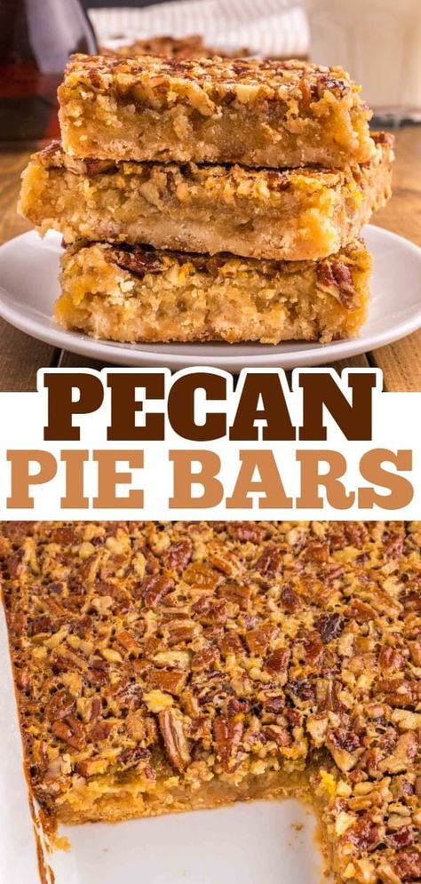 Pecan Pie Bars are delicious dessert bars with a shortbread base topped with a pecan pie filling layer made with eggs, maple syrup, corn syrup, brown sugar, butter and chopped pecans. Pecan Desserts Recipes, Brown Sugar Butter, Chocolate Peanut Butter Desserts, Bar Desserts, Pecan Desserts, Chocolate Chip Pecan Cookies, Pecan Pie Filling, Pecan Tarts, Pie Bar Recipes