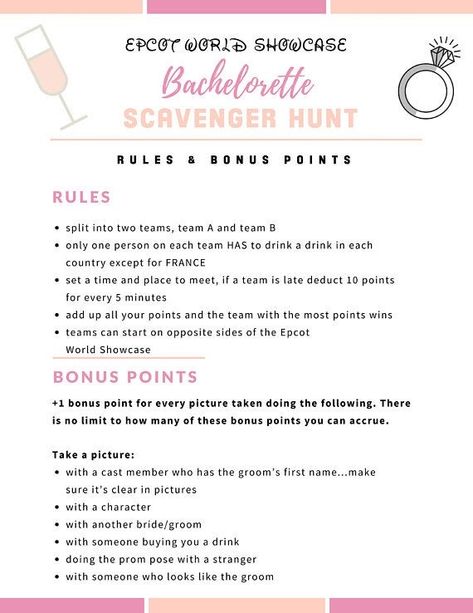 Epcot Bachelorette, 50 Shades Bachelorette Party, Bridal Pictures Ideas, Disney World Bachelorette, Bachelorette Party Games Funny, Hens Ideas, Bachelorette Party Games Drinking, Disney Bachelorette Parties, Bachelorette Scavenger Hunt