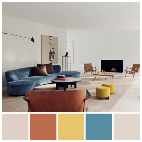 This is a triadic color scheme. The darkened primary colors look good in the white space and gives a focal point for the room. Triadic Colour Scheme Interior Design, Triad Color Scheme Interior Design, Triadic Color Scheme Interior Design, Double Complementary Interior Design, Color Palette Blue Red Yellow, Triadic Interior Design, Muted Primary Color Palette, Triad Colour Scheme, Triadic Color Scheme Interior