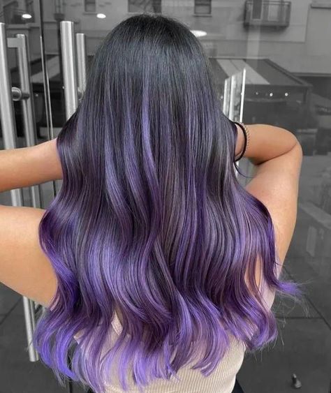 Brown Hair Lavender Highlights, Black Hair With Purple Tips, Hair With Purple Tips, Sunset Hair Color, Hair With Purple, Purple Hair Color Ideas, Lavender Highlights, Purple Hair Highlights, Purple Hair Color