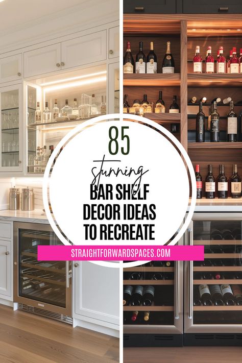 collection of 85 stunning bar shelf decor ideas with unique floating shelf styles, mini bar designs, and lit shelving decor. Bar Shelf Ideas For Home, Diy Bar Shelf, Bar Shelf Decor, Diy Bar Shelf Ideas, Diy Bar Shelves, Home Bar Shelf, Bar With Floating Shelves, Ideas For Bar, Back Bar Shelving