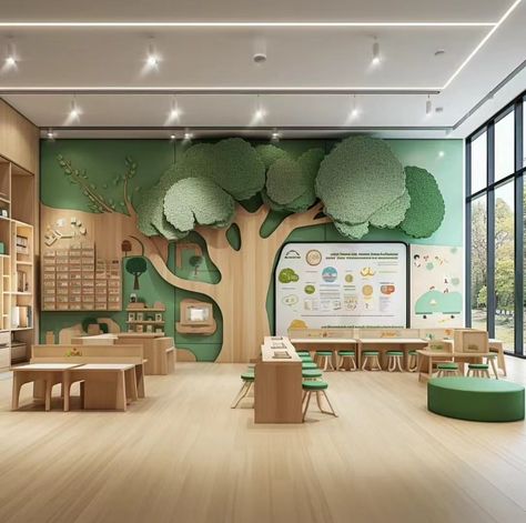 Cute Daycare Ideas, Classroom Kindergarten Design, Kindergarden Decoration Room, Daycare Cafeteria, Kindergarten Reception Design, Preschool Design Interior, Kids Clinic Interior Design, Kids Therapy Room, Nursery School Design