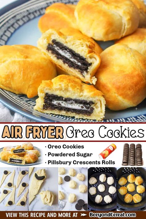 Air Fry Oreo Cookies, Air Fryer Oreos Biscuits, Oreo In Air Fryer, Oreo Air Fryer Recipe, Oreo Crescent Rolls, Hotel Air Fryer Recipes, Air Fried Oreos With Crescent Rolls, Fried Oreos Recipe Air Fryer, Air Fry S'mores