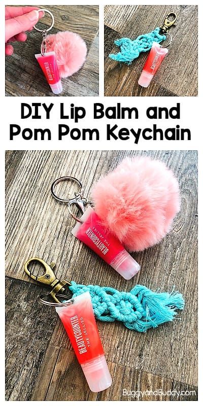 DIY Pom Pom and Lip Balm or Lip Gloss Keychain Craft for Kids (Especially Tweens and Teens)- These homemade gifts are perfect for birthday parties, Christmas and holiday gifts for friends, Mother's Day and teachers too! #craftsforkids #kidscrafts #DIY #Diygifts #buggyandbuddy #tweencrafts #teencrafts #beautycounter #nontoxicmakeup #cleanmakeup via @https://www.pinterest.com/cmarashian/boards/ Homemade Keychains, Lip Gloss Keychain, Macrame Tassels, Holiday Gifts For Friends, Diy Keychains, Natural Lip Gloss, Handmade Gifts For Friends, Keychain Craft, Diy Lip Gloss