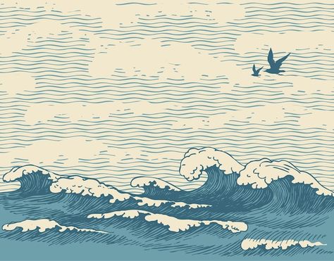 Vector pancarta de paisaje marino con ol... | Premium Vector #Freepik #vector #mar-ilustracion #mar #ondas-mar #mar-dibujo Ocean Drawing, Wave Drawing, Sea Drawing, Sea Illustration, Wave Illustration, Vintage Waves, Wave Art, Drawing Images, Sea Waves