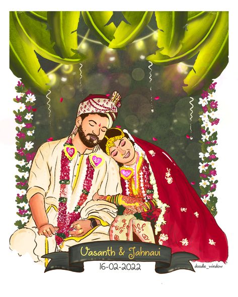 Marriage Doodle Art, Wedding Dhol Illustration, Indian Wedding Card Frame, Indian Wedding Illustration Art, Indian Wedding Doodle, Indian Wedding Painting, Indian Wedding Couple Illustration, Indian Wedding Illustration, Wedding Doodles